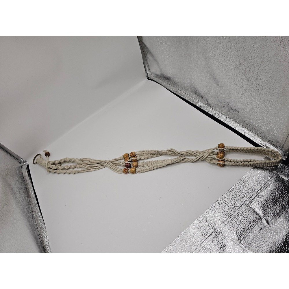 Vintage Macrame Plant Hanger Boho Cream Cotton Rope Wood Beads 35 Inch Indoor - Picture 2 of 4